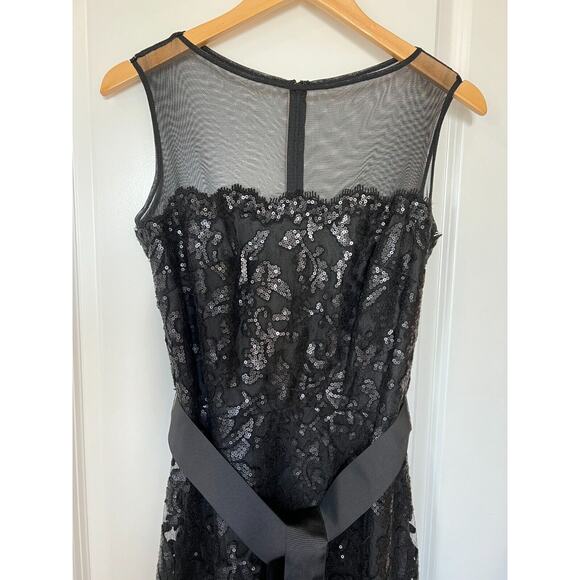 Tadashi Shoji Sequin Illusion Midi Dress Womens Sz 10 Mesh Belted Black Cocktail - Picture 3 of 12